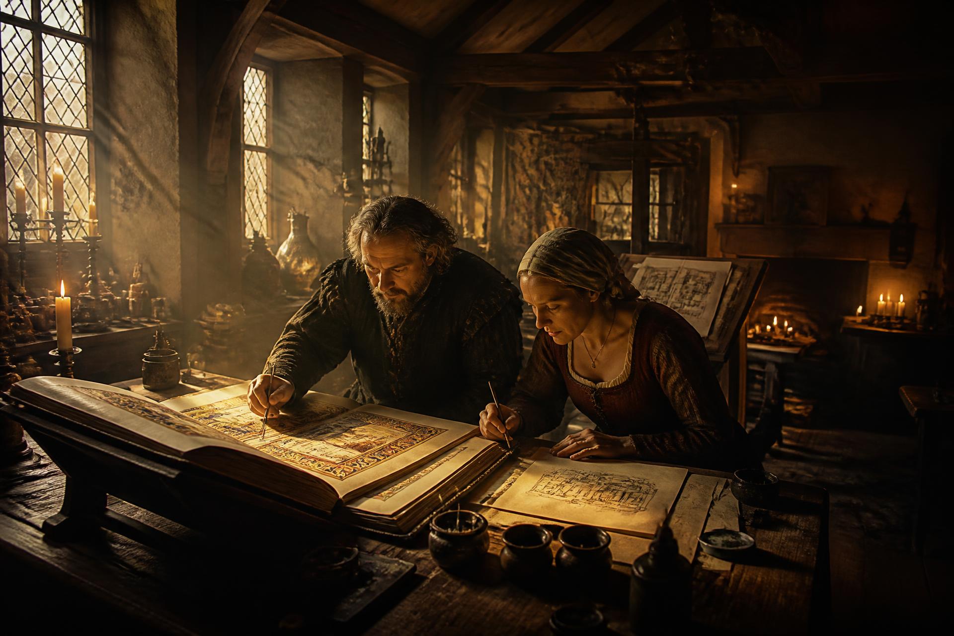 A craftsman and craftswoman studying an illuminated manuscript by candlelight in a 1500s guild workshop