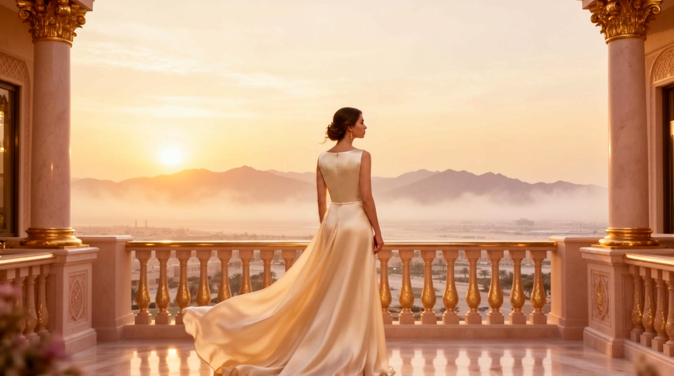 Woman on a marble terrace looking toward a golden sunrise