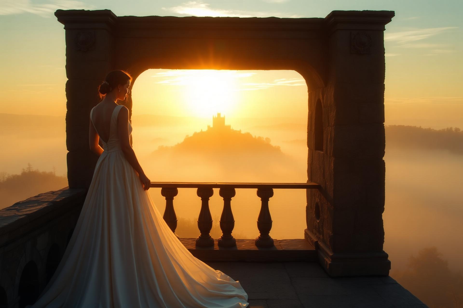 Woman standing at a stone archway overlooking a misty kingdom at sunrise